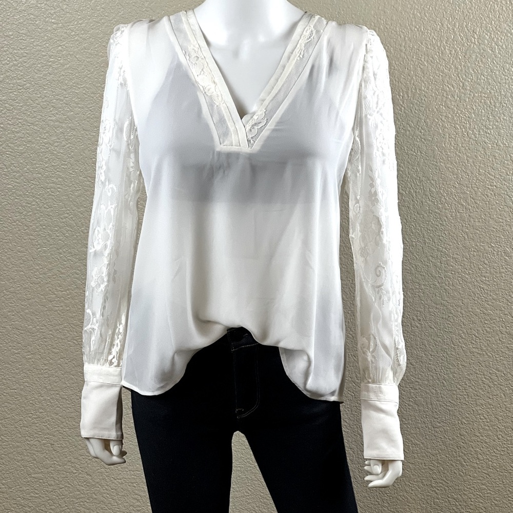 NWOT Express V-Neck Lace Long Sleeve Ivory Shirt Blouse Top $58